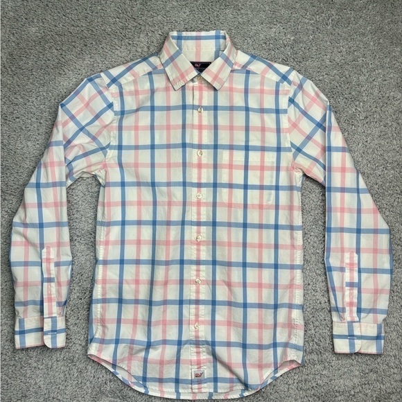 Vineyard Vines Shirt Mens Medium Plaid Button Down Classic Preppy Style Pink Blu - Picture 1 of 3